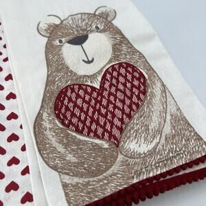Nicole Miller Valentine's Day 2 Kitchen Towels Hearts Bear Red White Pom Poms